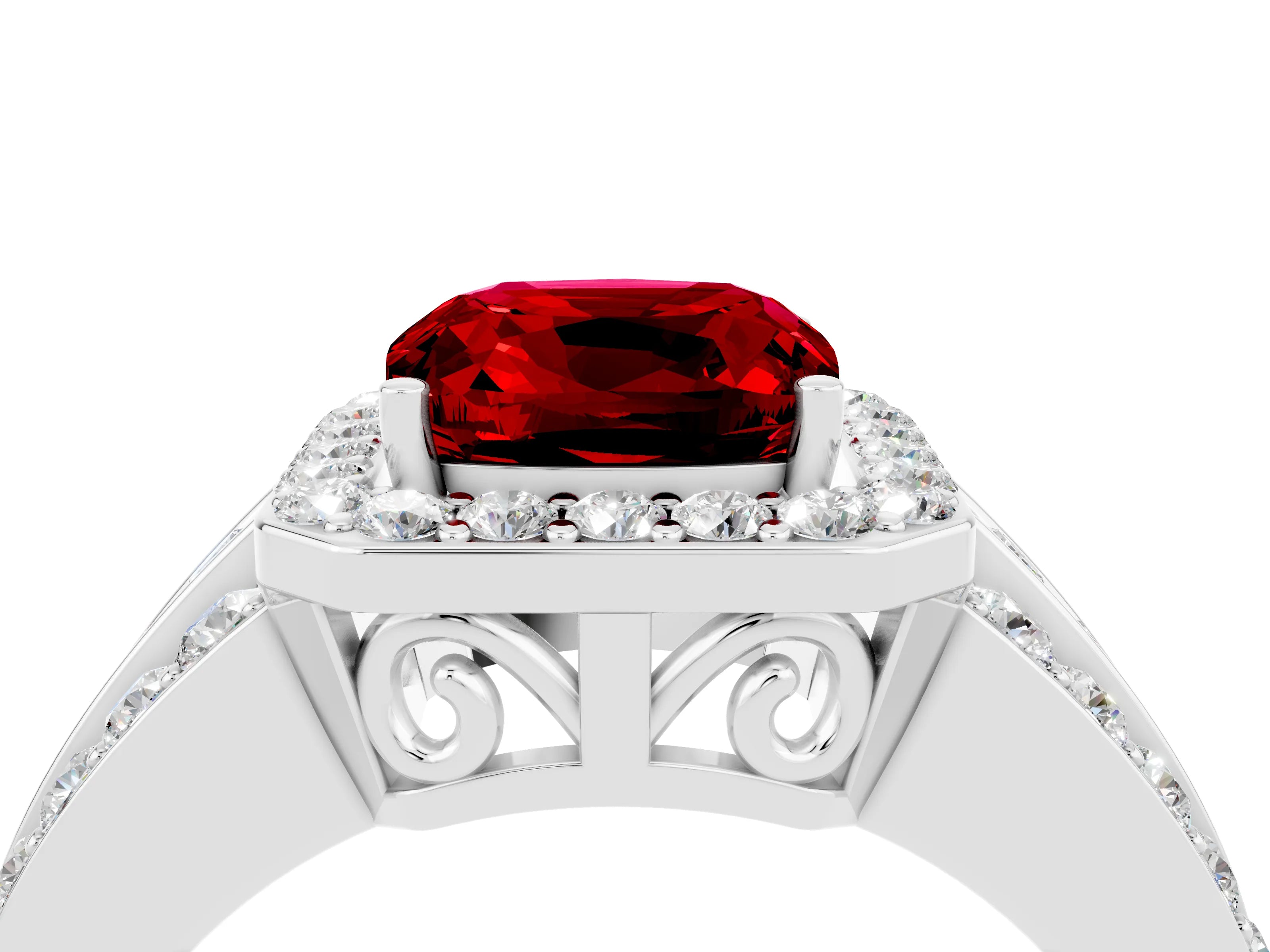White gold Cushion Cut Halo Ruby Ring with Split Shank and Four-Prong Setting_4