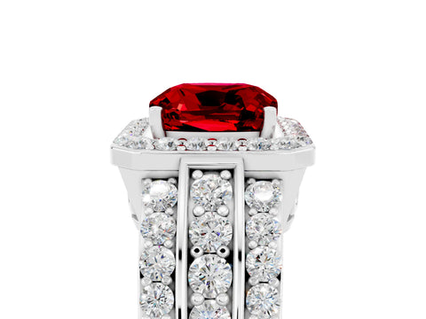 White gold Cushion Cut Halo Ruby Ring with Split Shank and Four-Prong Setting_5