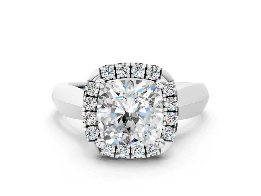 White gold Cushion Cut Halo Solitaire Engagement Ring with Square Band and Four-Prong Setting_90