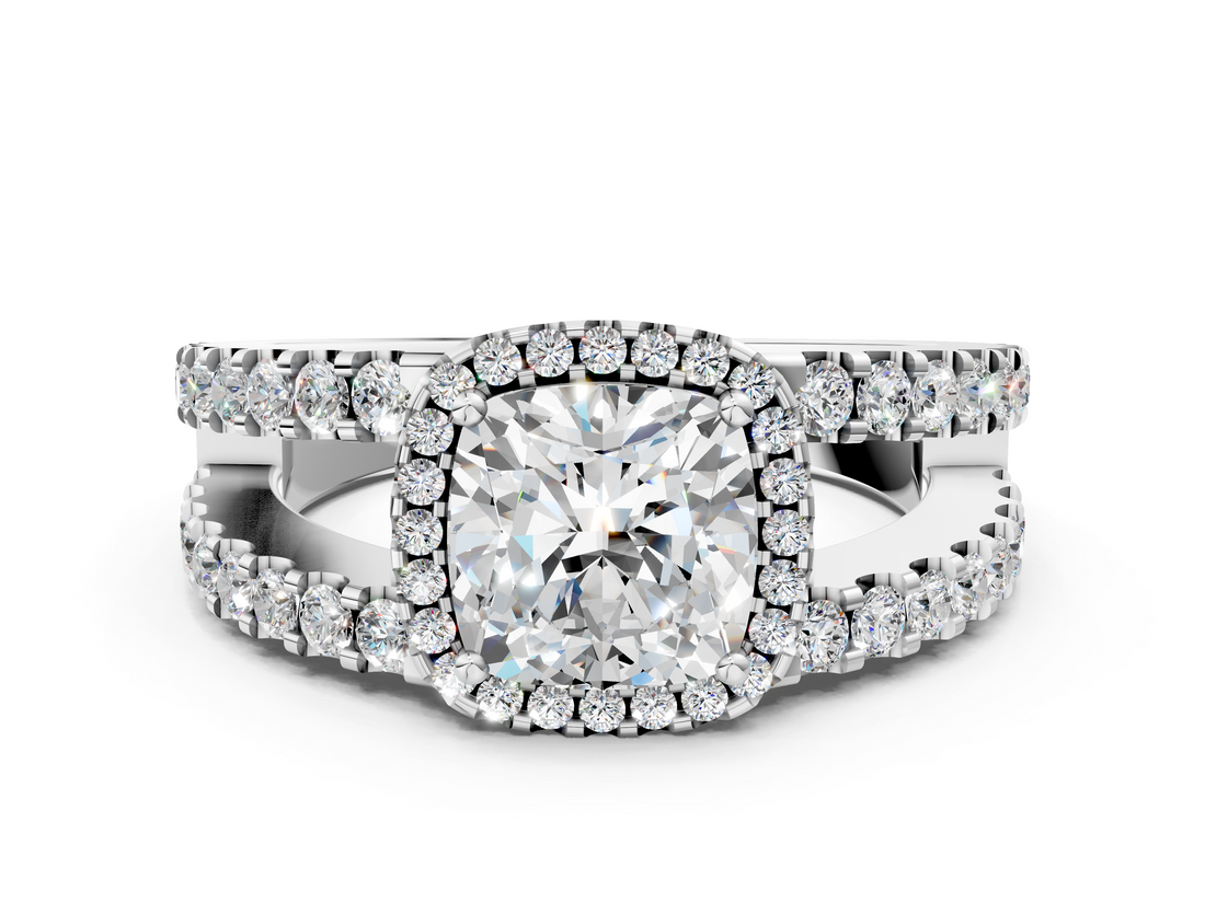 White gold Cushion Cut Halo Split Shank Diamond Ring with Four-Prong Setting_76