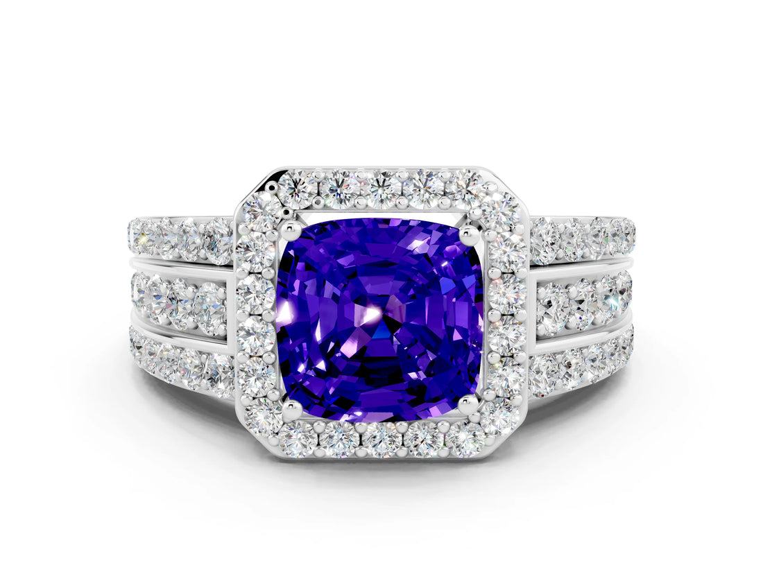 White gold Cushion Cut Halo Tanzanite Ring with Split Shank and Four-Prong Setting