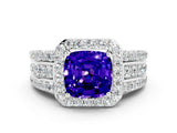 White gold Cushion Cut Halo Tanzanite Ring with Split Shank and Four-Prong Setting