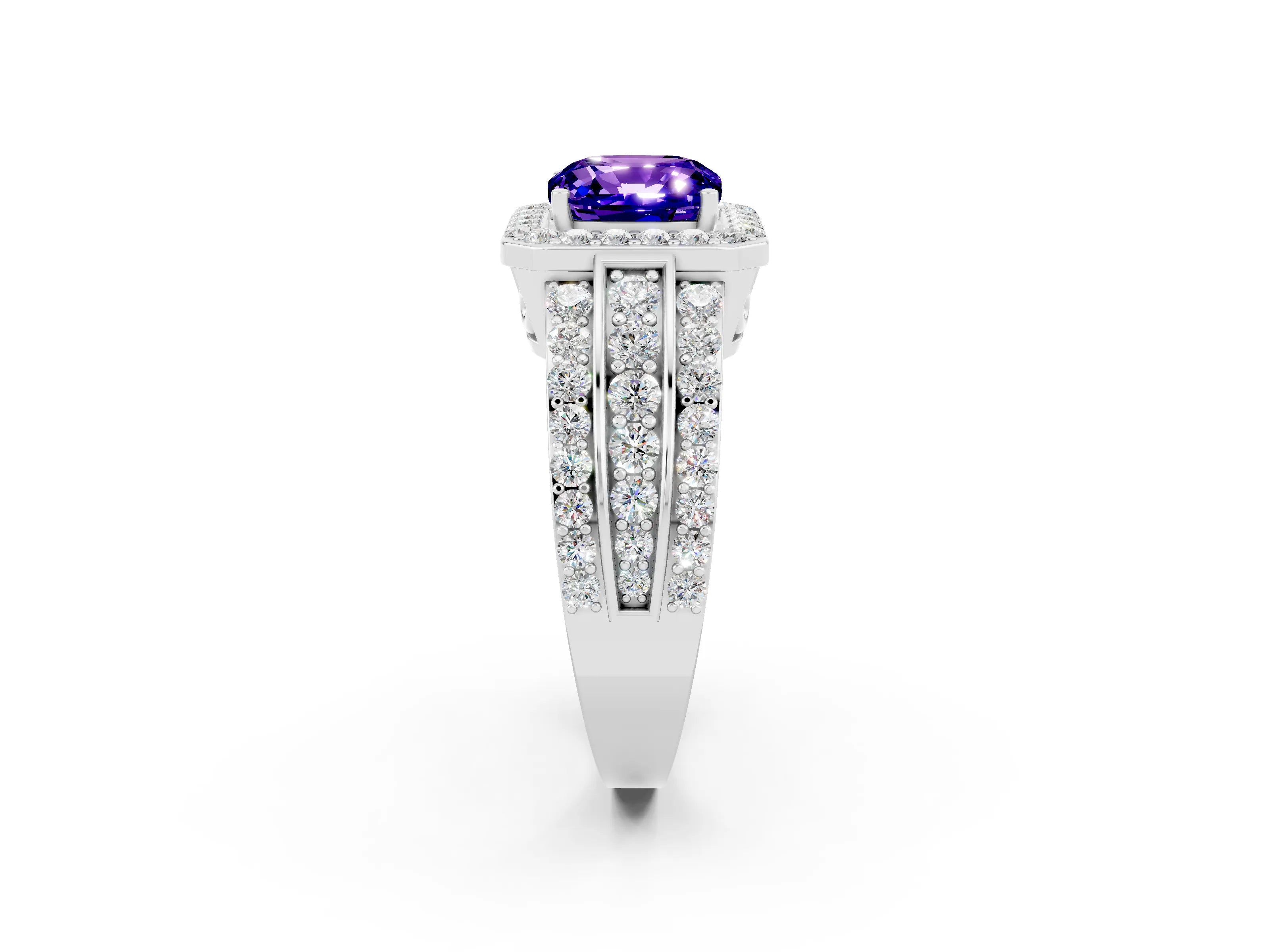 White gold Cushion Cut Halo Tanzanite Ring with Split Shank and Four-Prong Setting_2