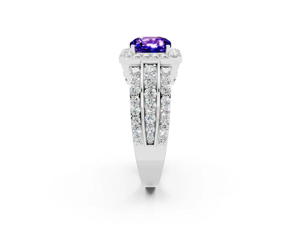 White gold Cushion Cut Halo Tanzanite Ring with Round  Split Shank and Prong Setting
