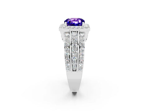 White gold Cushion Cut Halo Tanzanite Ring with Split Shank and Four-Prong Setting_2