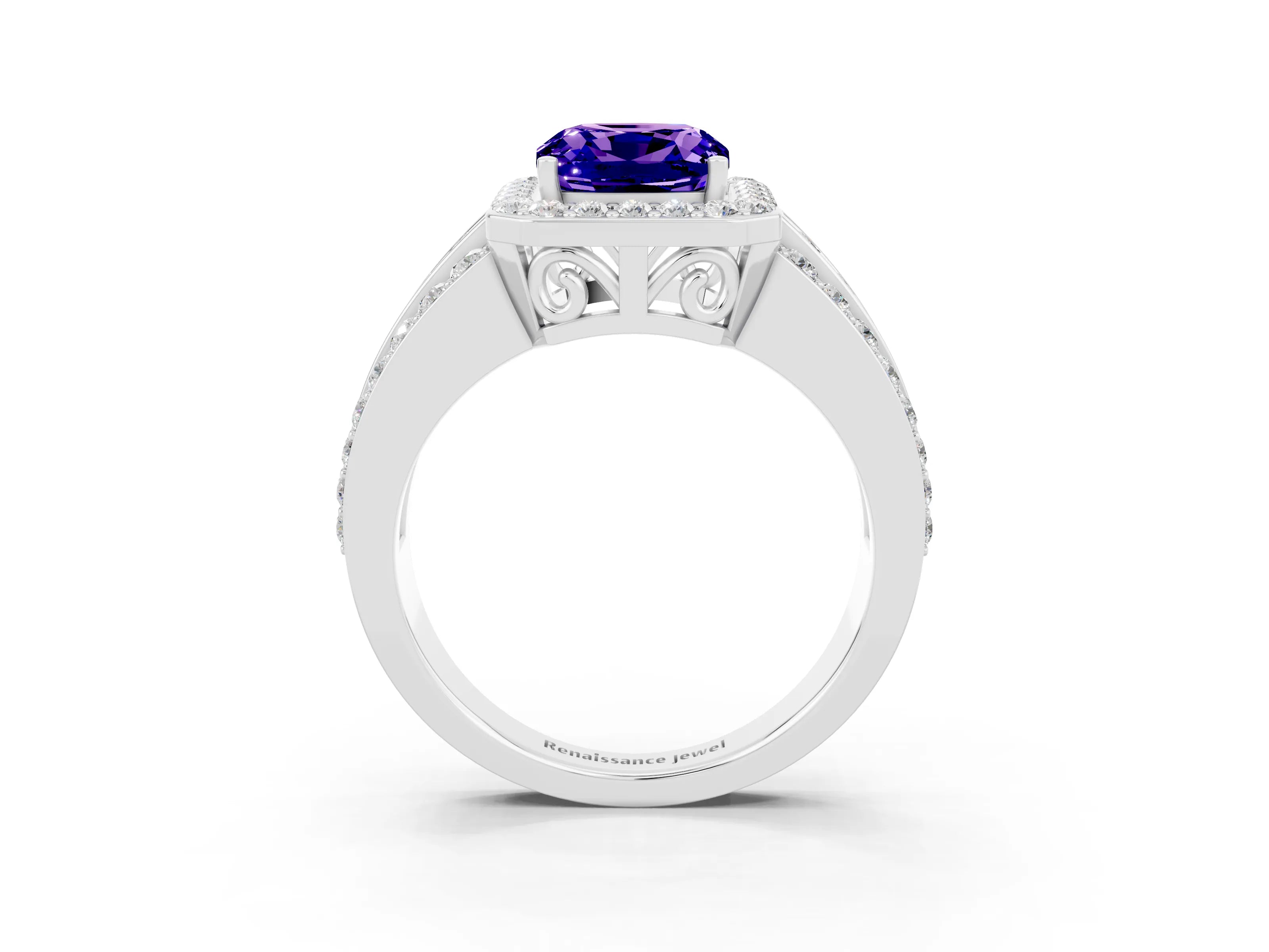 White gold Cushion Cut Halo Tanzanite Ring with Split Shank and Four-Prong Setting_3