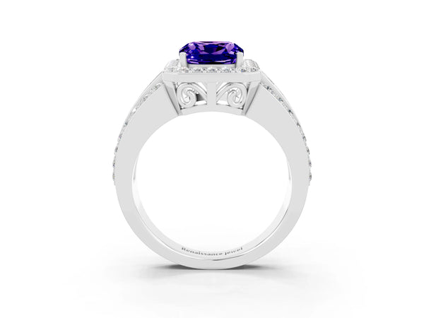 White gold Cushion Cut Halo Tanzanite Ring with Round  Split Shank and Prong Setting
