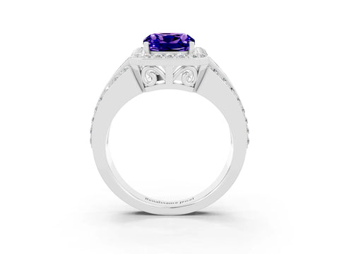 White gold Cushion Cut Halo Tanzanite Ring with Split Shank and Four-Prong Setting_3