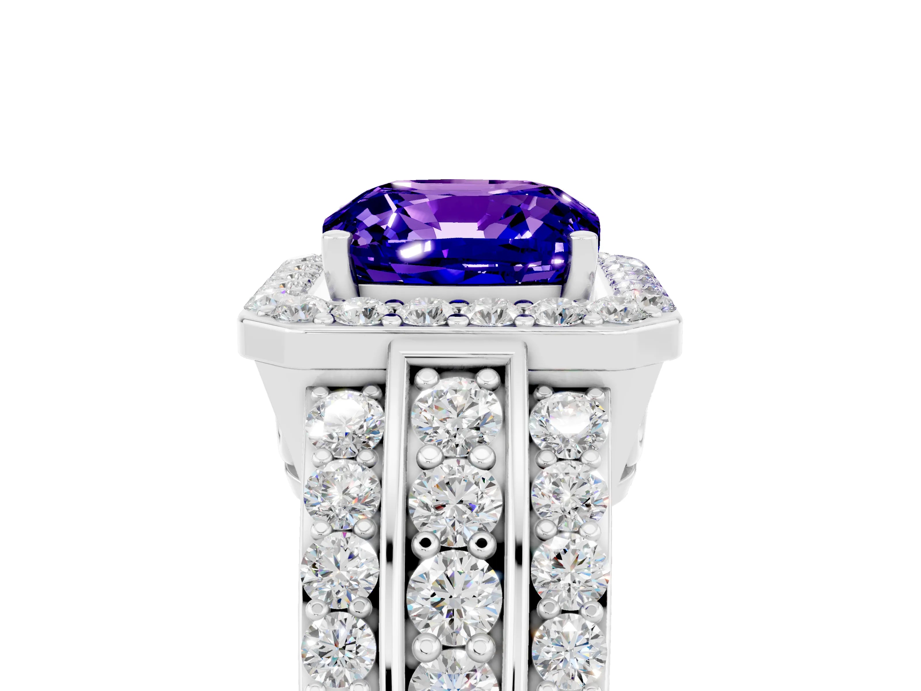 White gold Cushion Cut Halo Tanzanite Ring with Split Shank and Four-Prong Setting_5