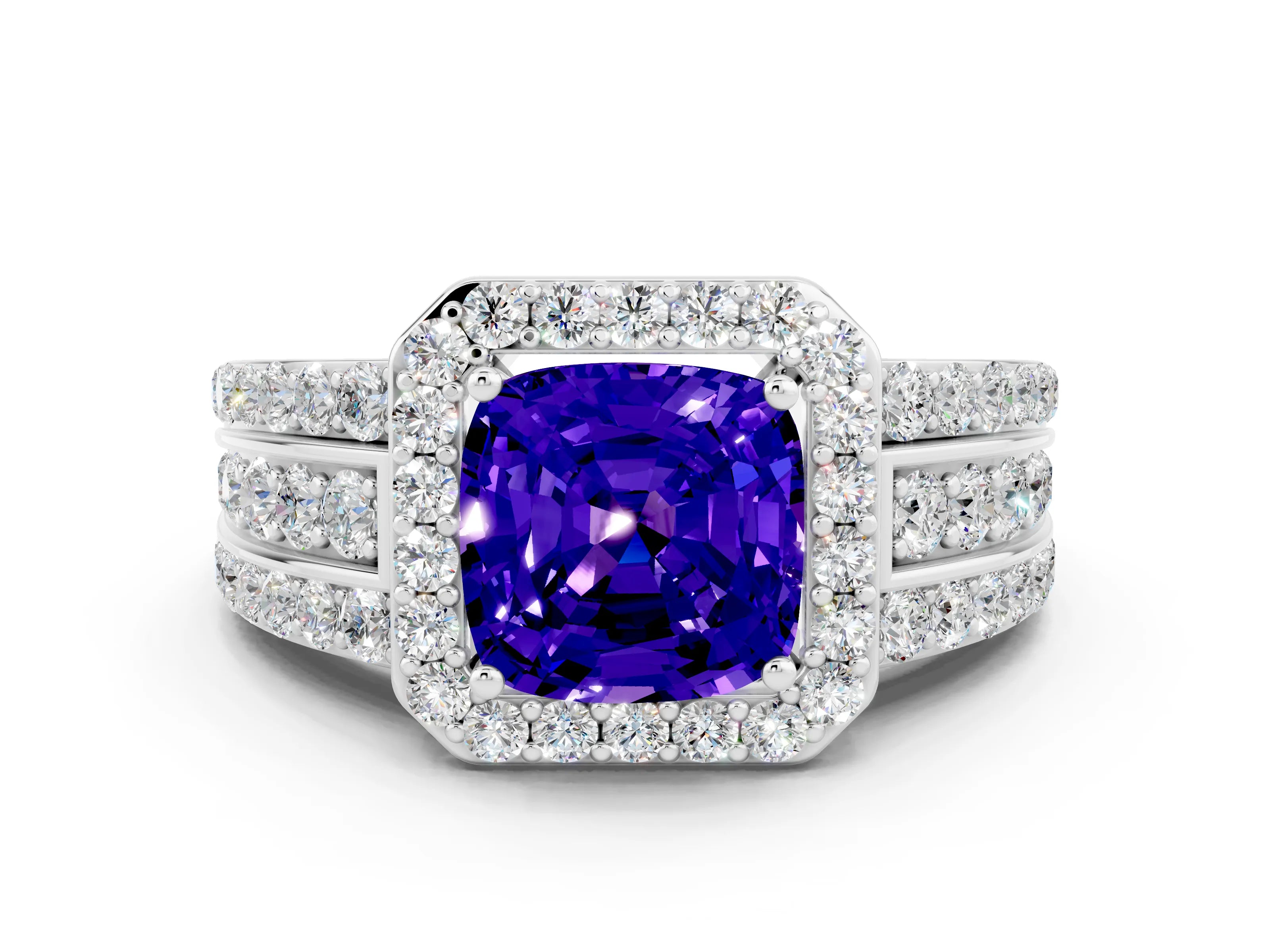 White gold Cushion Cut Halo Tanzanite Ring with Split Shank and Four-Prong Setting