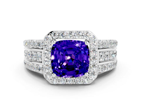 White gold Cushion Cut Halo Tanzanite Ring with Split Shank and Four-Prong Setting