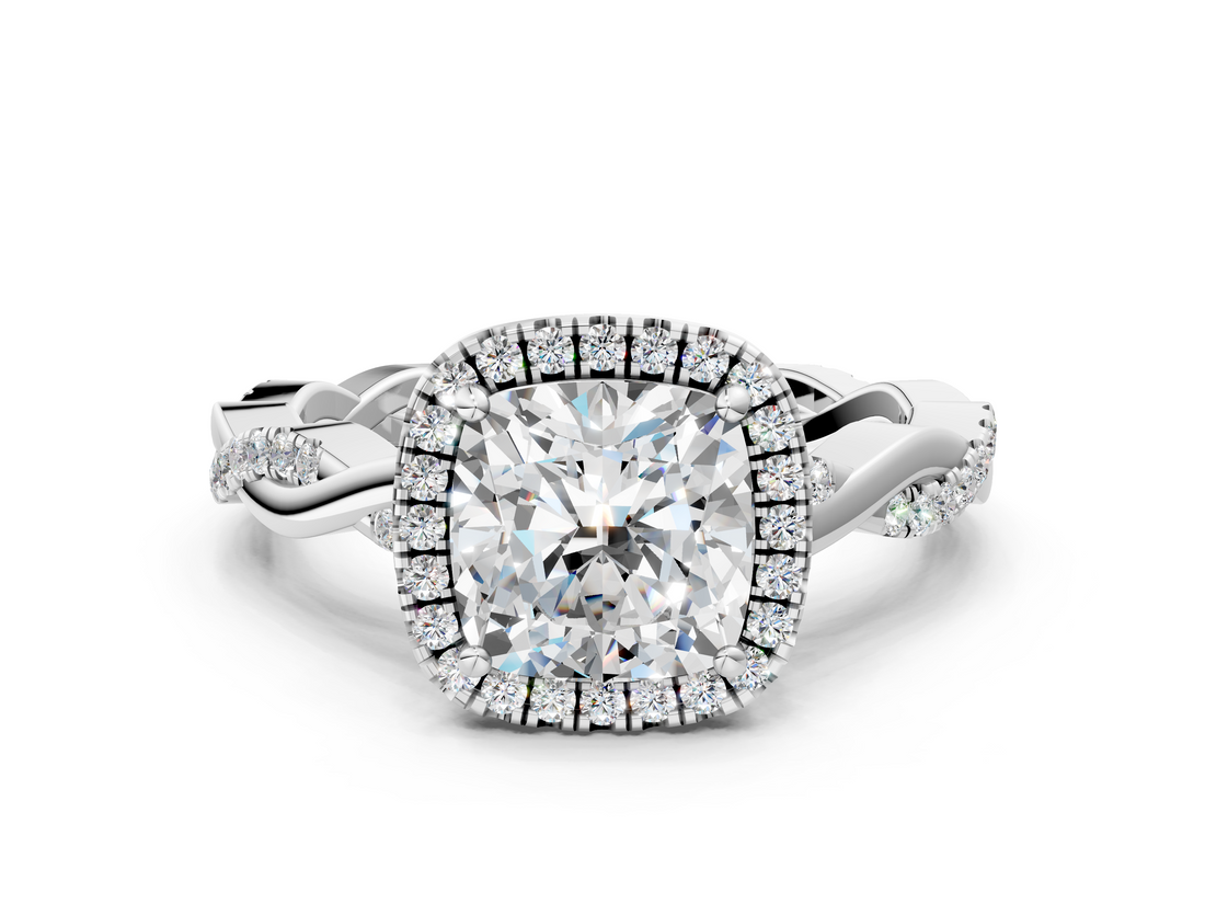 White gold Cushion Cut Halo Twisted Band Four-Prong Ring_46
