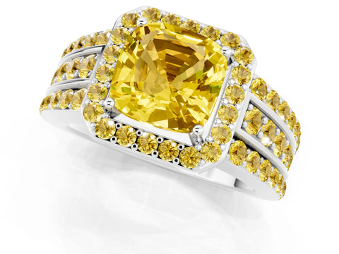 White gold Cushion Cut Halo Yellow Sapphire Ring with Split Shank and Four-Prong Setting_1