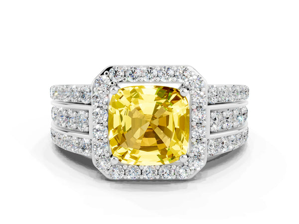 Platinum Cushion Cut Halo Yellow Sapphire Ring with Round  Split Shank and Prong Setting
