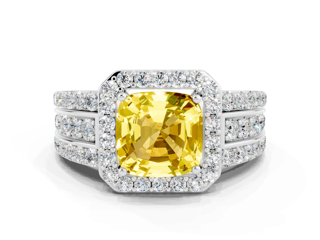 White gold Cushion Cut Halo Yellow Sapphire Ring with Split Shank and Four-Prong Setting_24