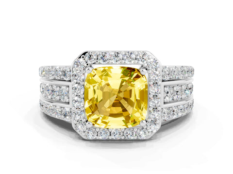 White gold Cushion Cut Halo Yellow Sapphire Ring with Split Shank and Four-Prong Setting_24