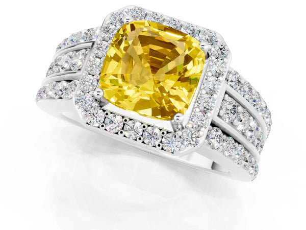 Platinum Cushion Cut Halo Yellow Sapphire Ring with Round  Split Shank and Prong Setting