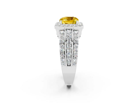 White gold Cushion Cut Halo Yellow Sapphire Ring with Split Shank and Four-Prong Setting_26