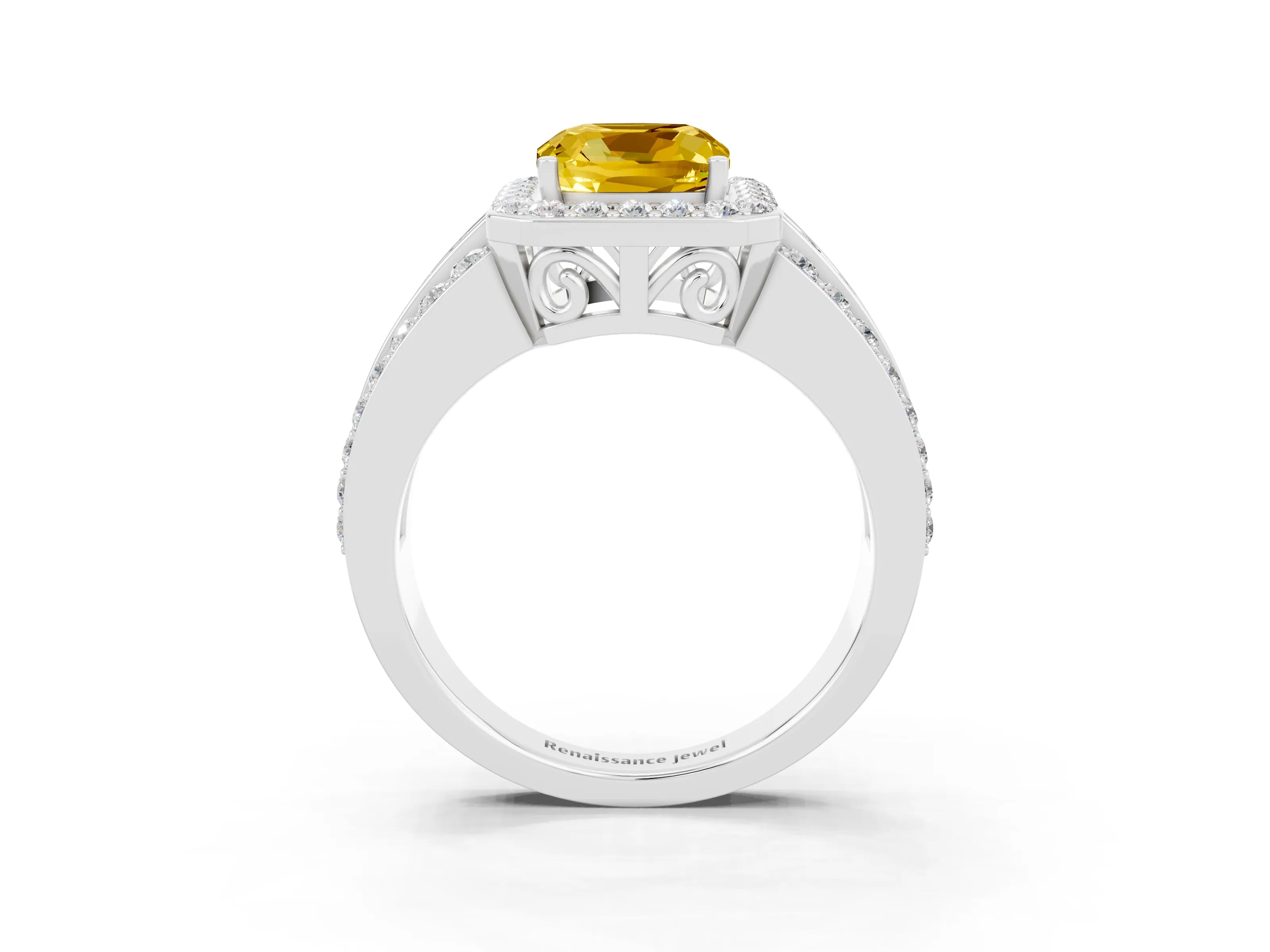 White gold Cushion Cut Halo Yellow Sapphire Ring with Split Shank and Four-Prong Setting_27