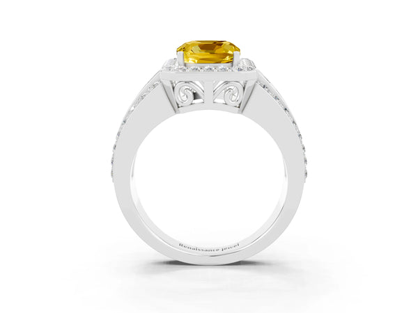 Silver Cushion Cut Halo Yellow Sapphire Ring with Round  Split Shank and Prong Setting