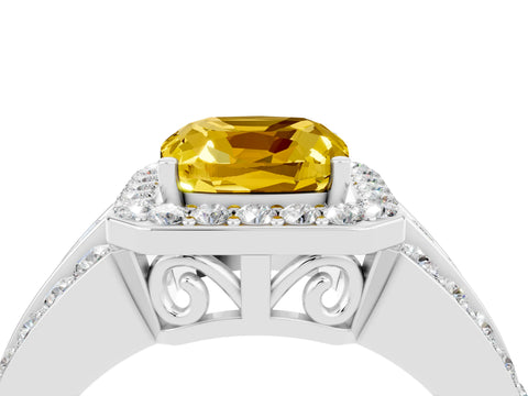 White gold Cushion Cut Halo Yellow Sapphire Ring with Split Shank and Four-Prong Setting_28