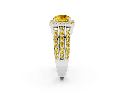 White gold Cushion Cut Halo Yellow Sapphire Ring with Split Shank and Four-Prong Setting_2
