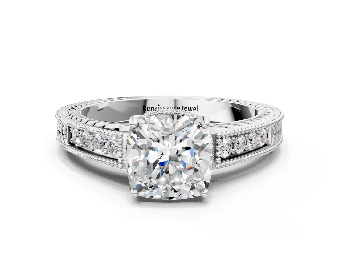White gold Cushion Cut Milgrain Channel Set Engagement Ring with Solitaire Prong Setting_70