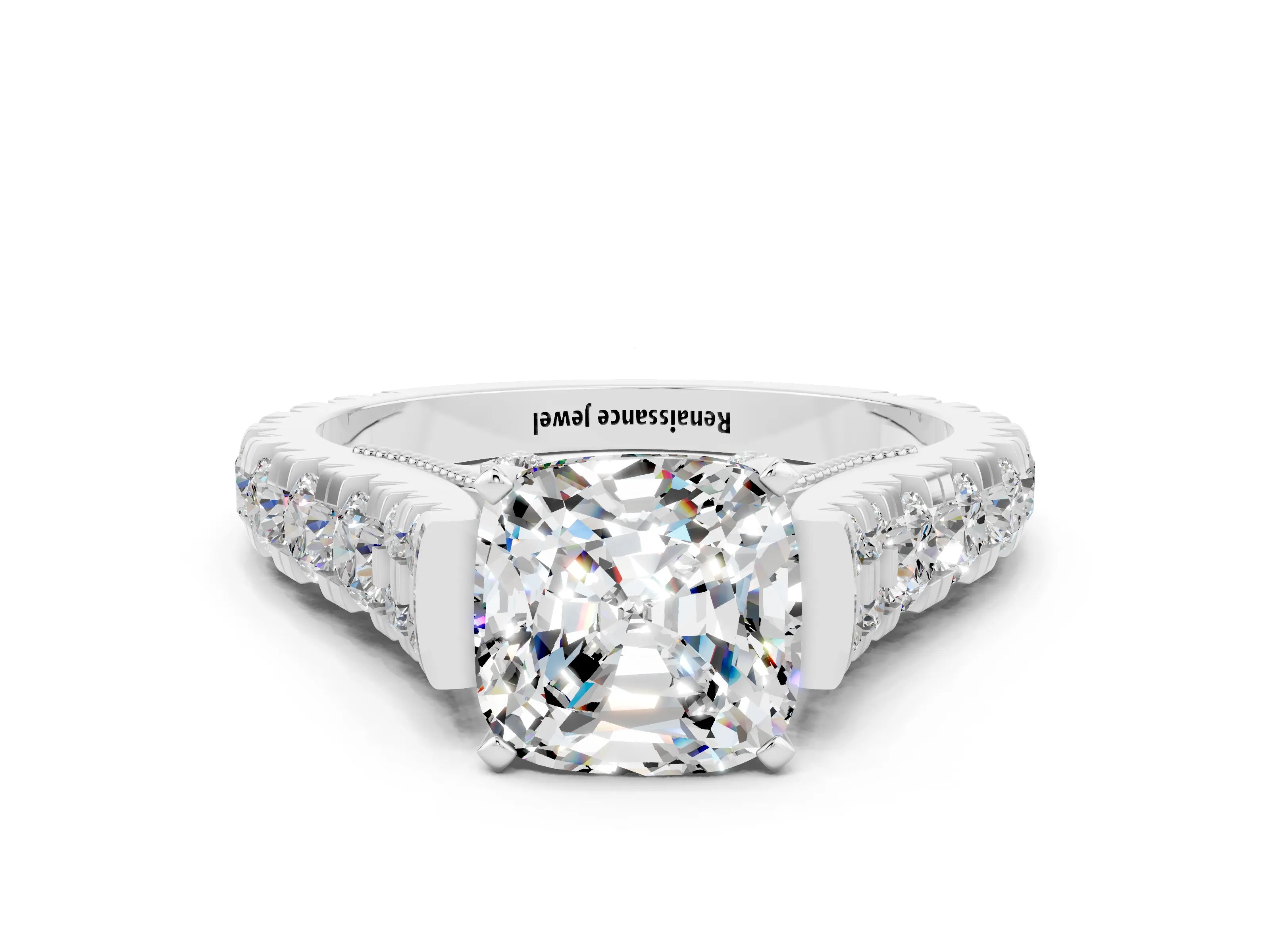 White gold Cushion Cut Moissanite Classic Solitaire Ring with Pavé Band and Four-Prong Setting