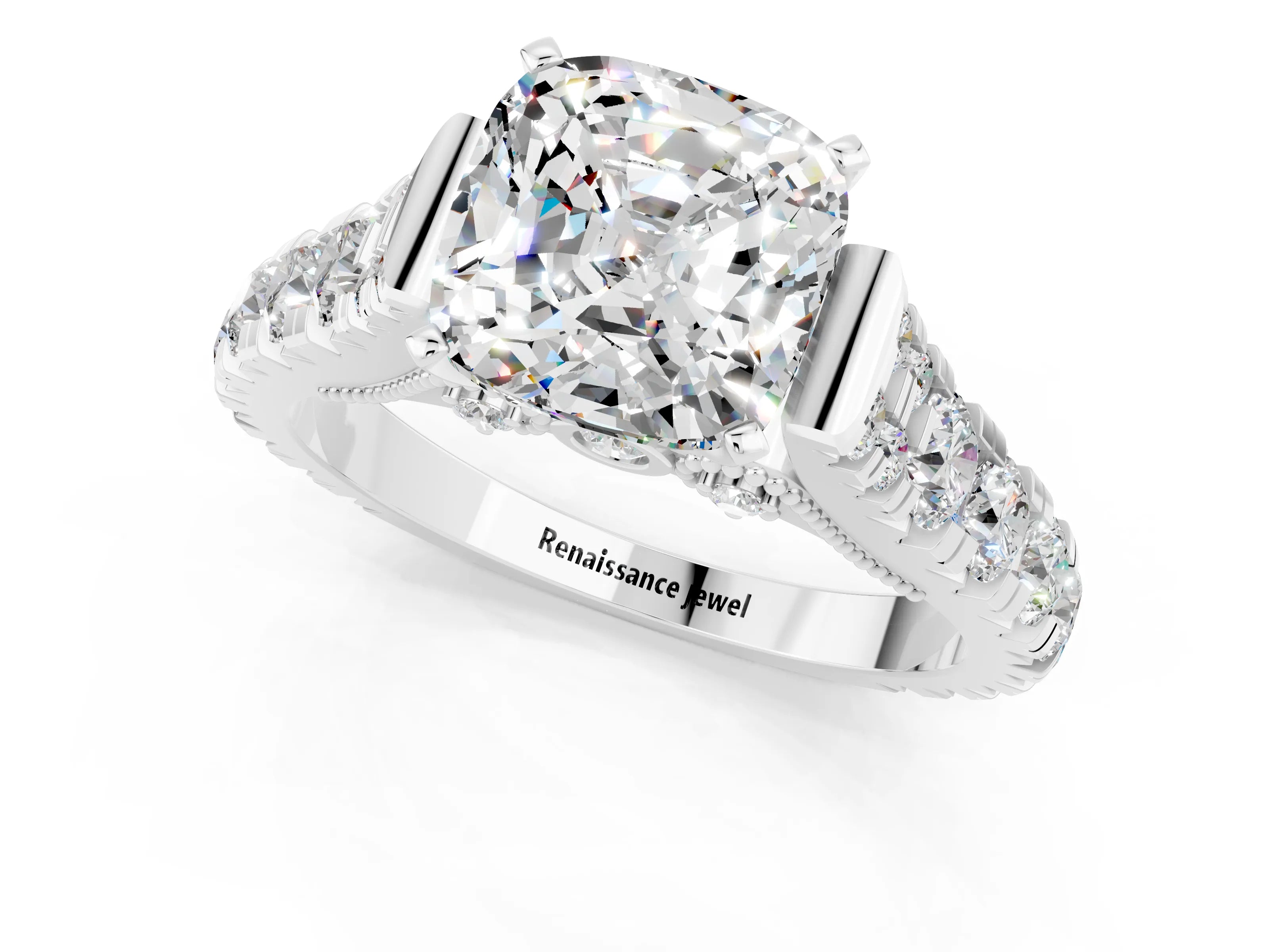 White gold Cushion Cut Moissanite Classic Solitaire Ring with Pavé Band and Four-Prong Setting_1