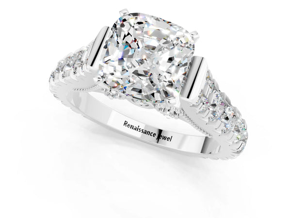 Platinum Cushion Cut Moissanite Classic Solitaire Ring with Pavé Band and Four-Prong Setting