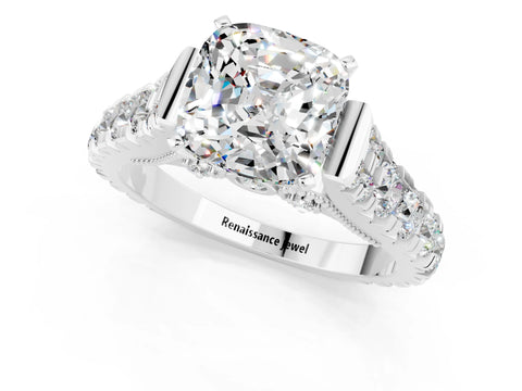 White gold Cushion Cut Moissanite Classic Solitaire Ring with Pavé Band and Four-Prong Setting_1