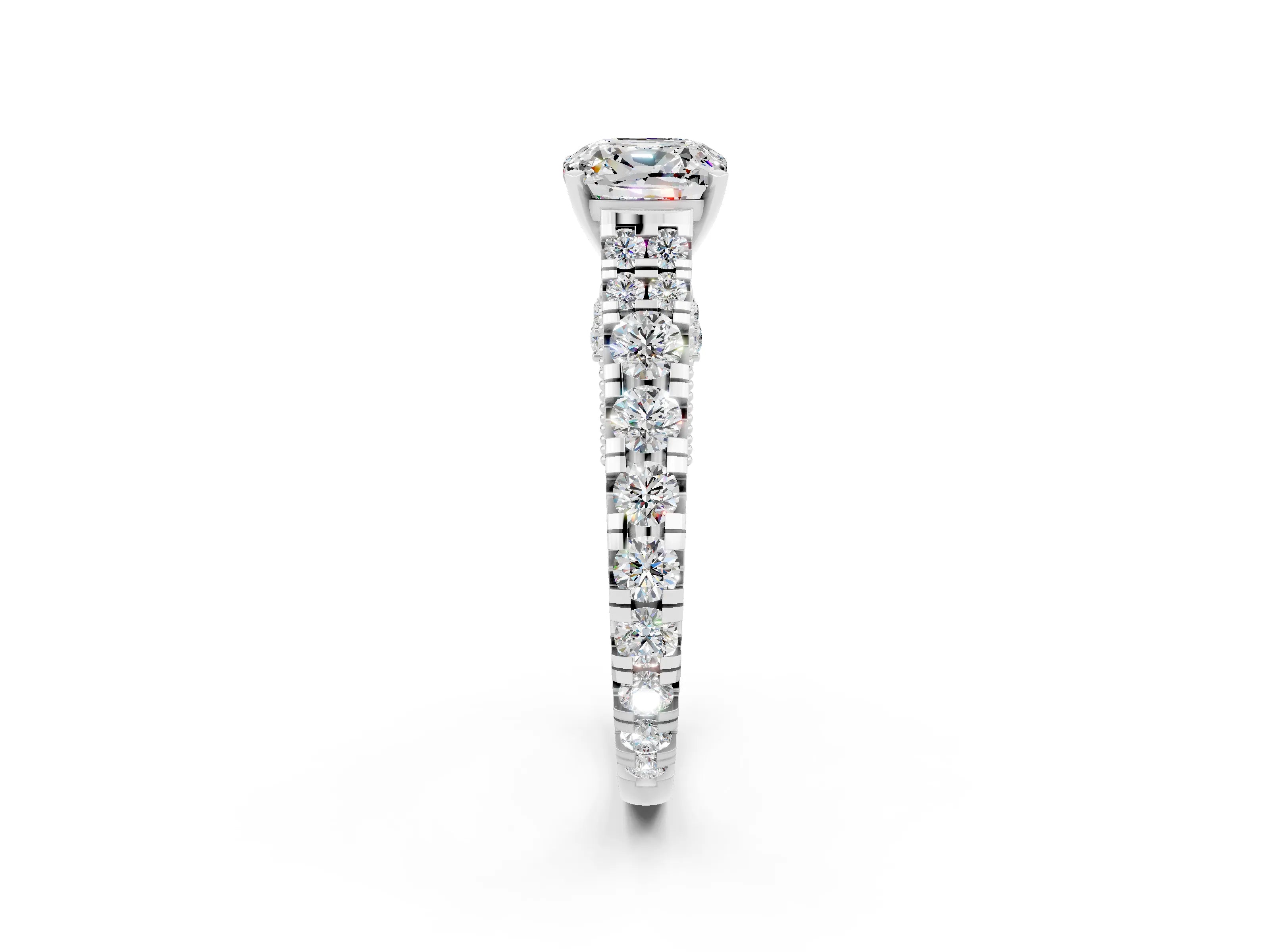 White gold Cushion Cut Moissanite Classic Solitaire Ring with Pavé Band and Four-Prong Setting_2