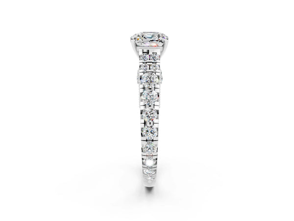 Silver Cushion Cut Moissanite Classic Solitaire Ring with Pavé Band and Four-Prong Setting