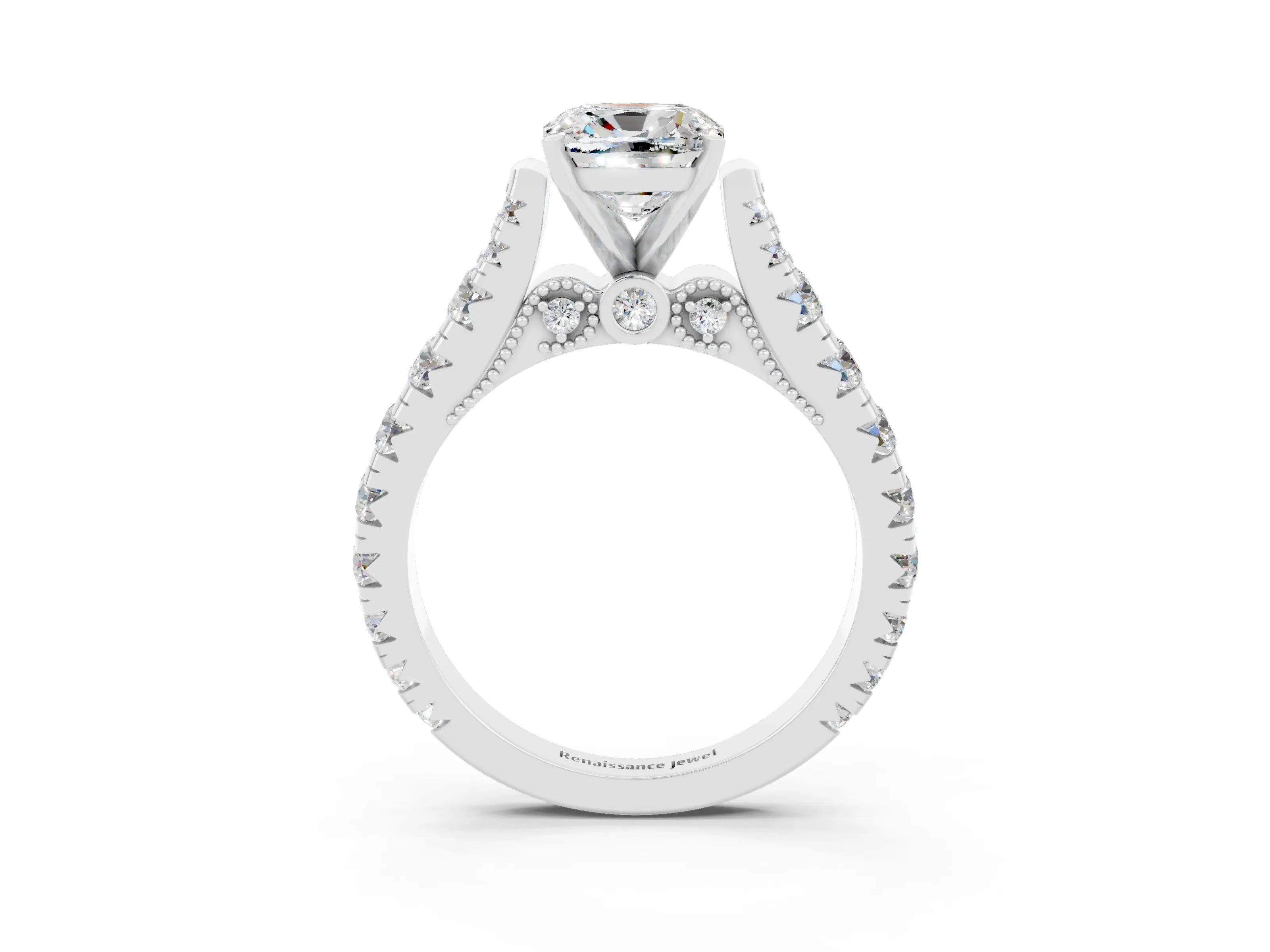 White gold Cushion Cut Moissanite Classic Solitaire Ring with Pavé Band and Four-Prong Setting_3