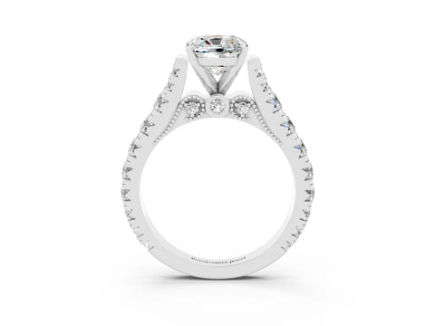 White gold Cushion Cut Moissanite Classic Solitaire Ring with Pavé Band and Four-Prong Setting_3