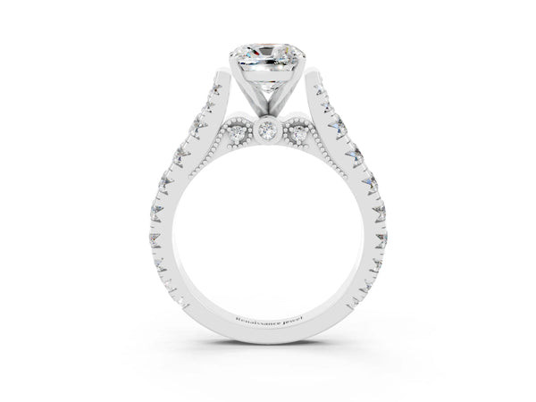 Silver Cushion Cut Moissanite Classic Solitaire Ring with Pavé Band and Four-Prong Setting