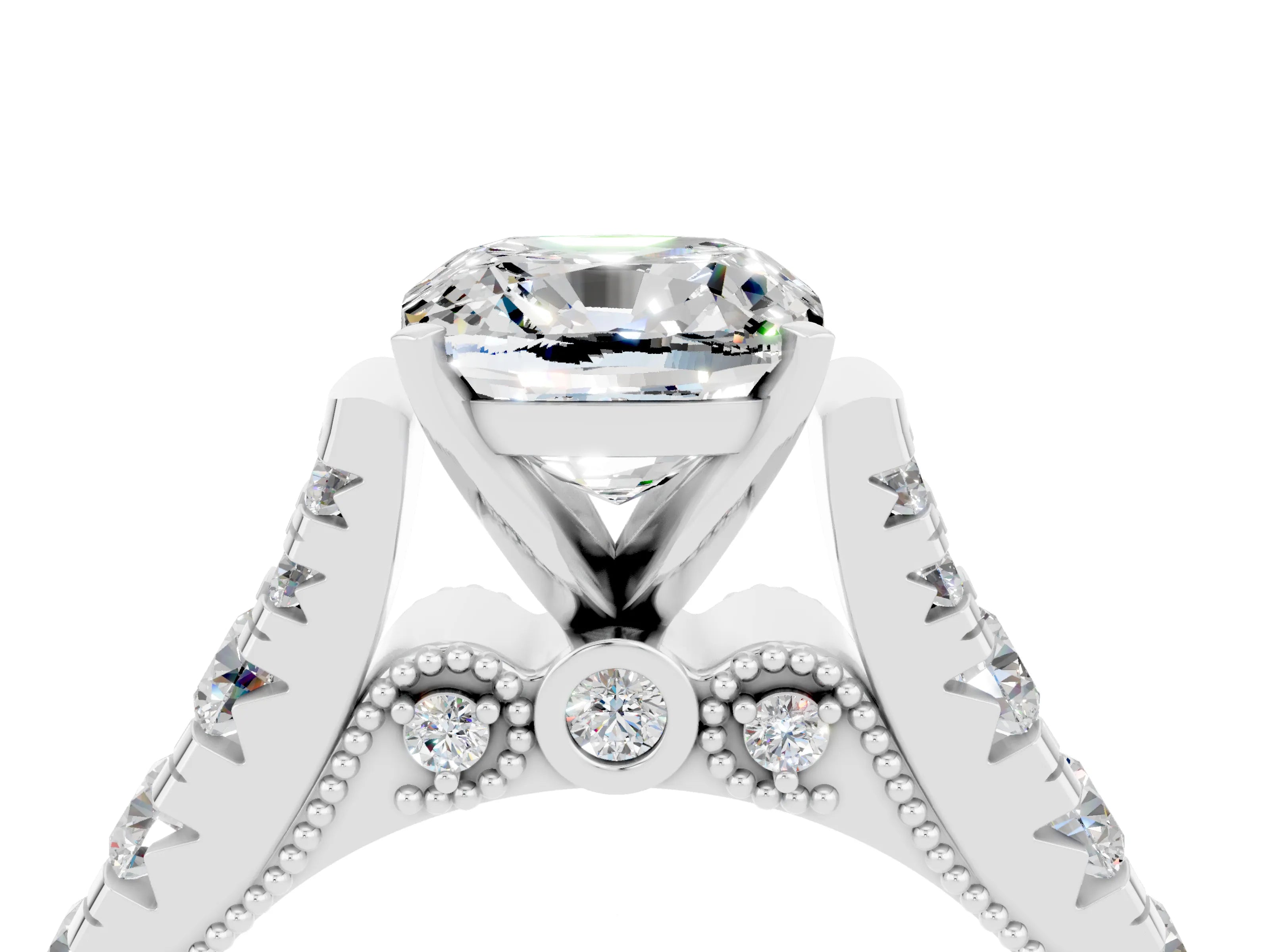 White gold Cushion Cut Moissanite Classic Solitaire Ring with Pavé Band and Four-Prong Setting_4