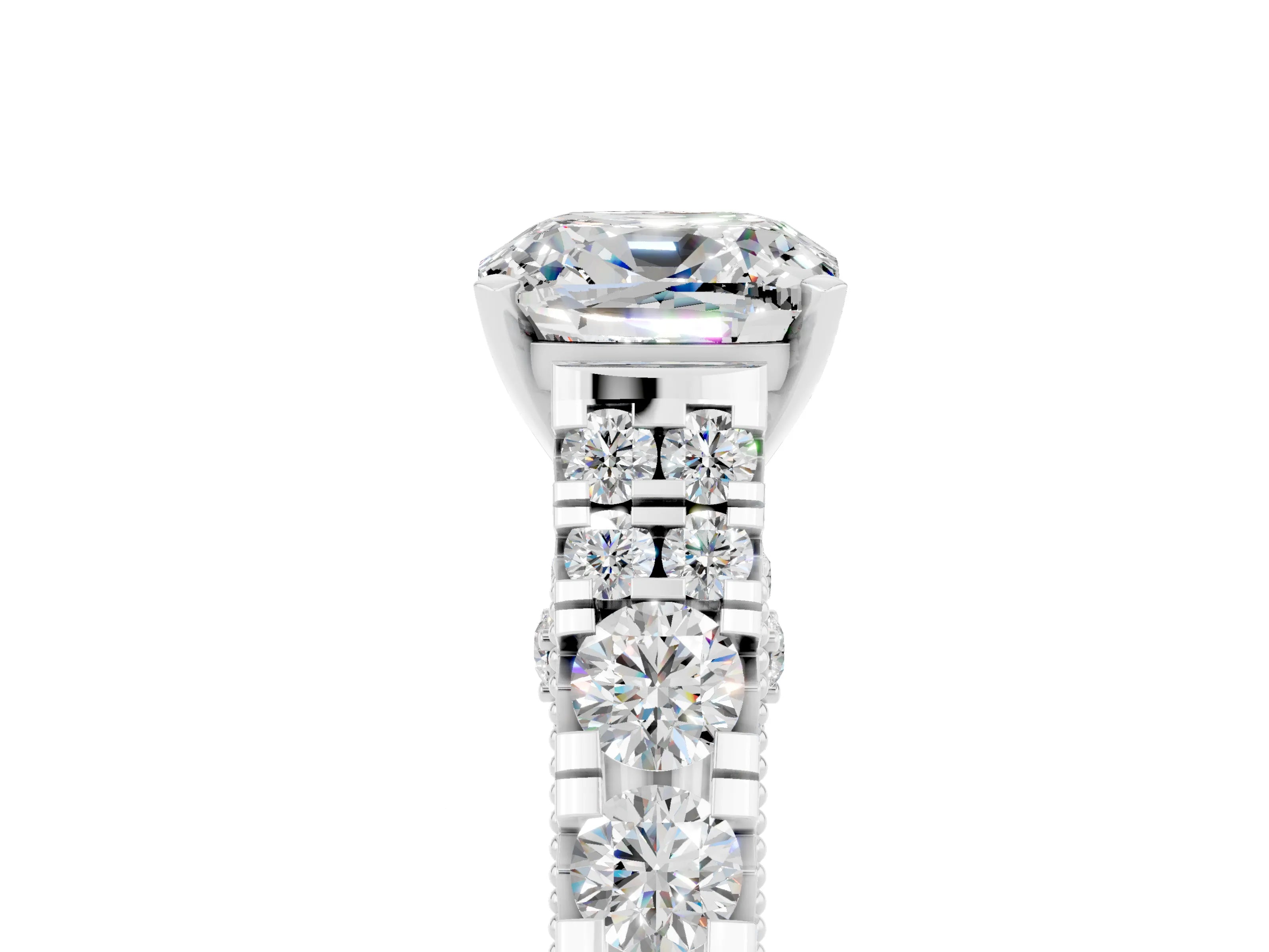 White gold Cushion Cut Moissanite Classic Solitaire Ring with Pavé Band and Four-Prong Setting_5