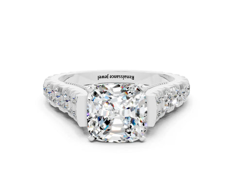 White gold Cushion Cut Moissanite Classic Solitaire Ring with Pavé Band and Four-Prong Setting