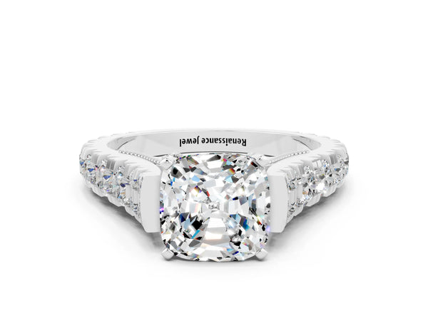 White gold Cushion Cut Moissanite Classic Solitaire Ring with Pavé Band and Four-Prong Setting