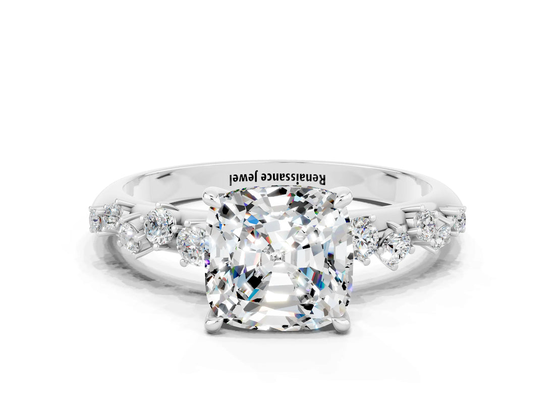 White gold Cushion Cut Moissanite Cluster Side Stone Solitaire Ring with Prong Setting_24