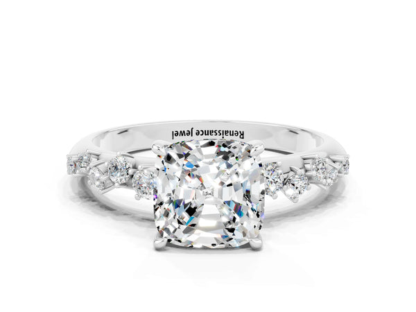 Platinum Cushion Cut Moissanite Cluster Side Stone Solitaire Ring with Prong Setting