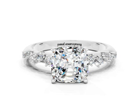 White gold Cushion Cut Moissanite Cluster Side Stone Solitaire Ring with Prong Setting_24