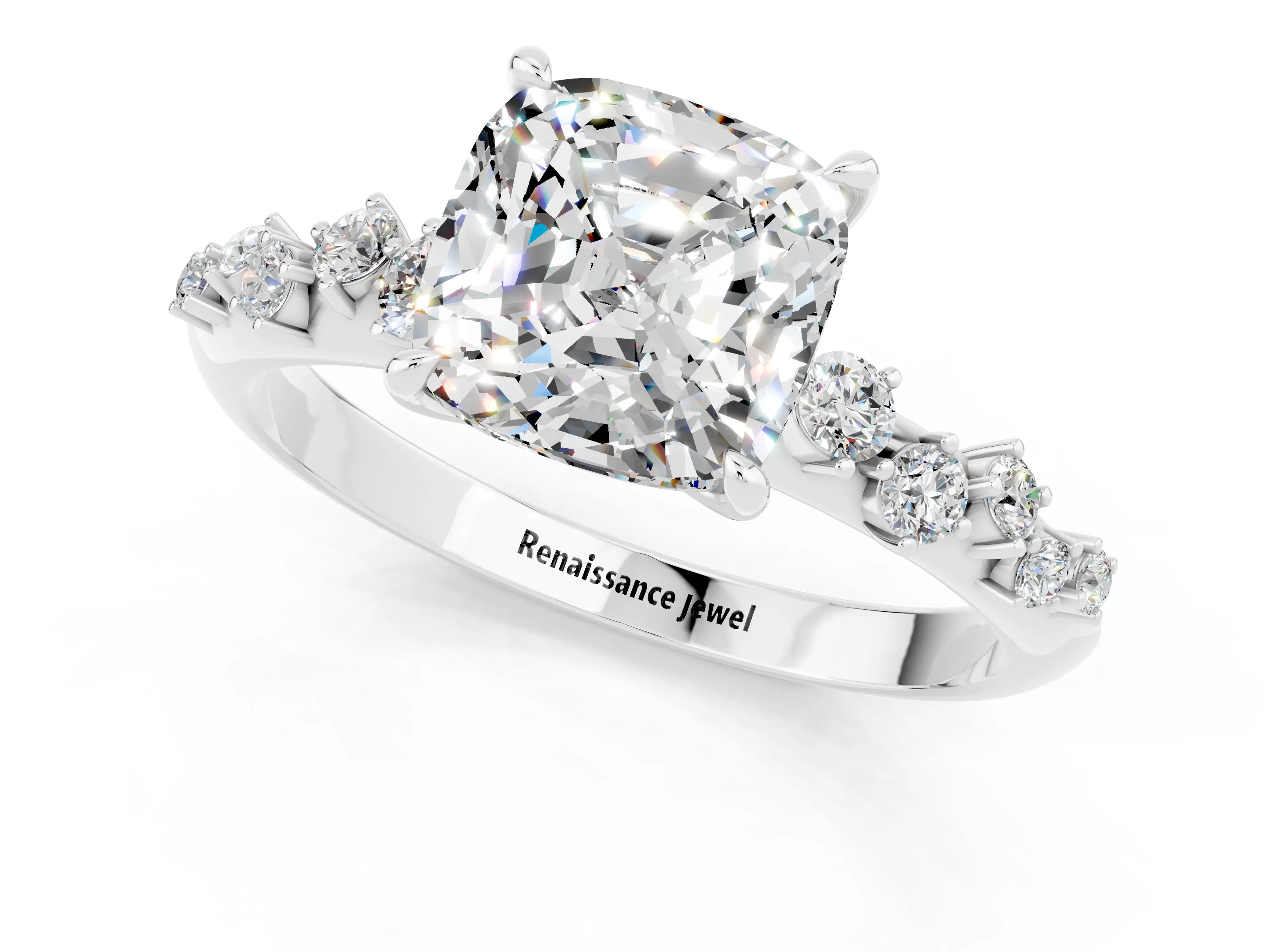 White gold Cushion Cut Moissanite Cluster Side Stone Solitaire Ring with Prong Setting_25