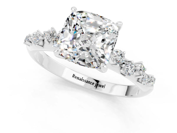 Platinum Cushion Cut Moissanite Cluster Side Stone Solitaire Ring with Prong Setting