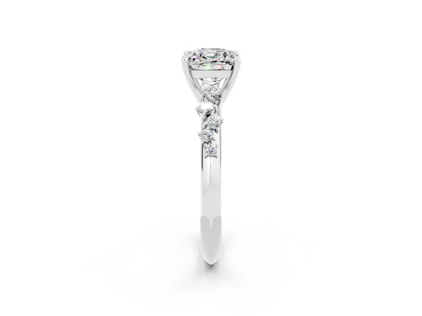 Silver Cushion Cut Moissanite Cluster Side Stone Solitaire Ring with Prong Setting