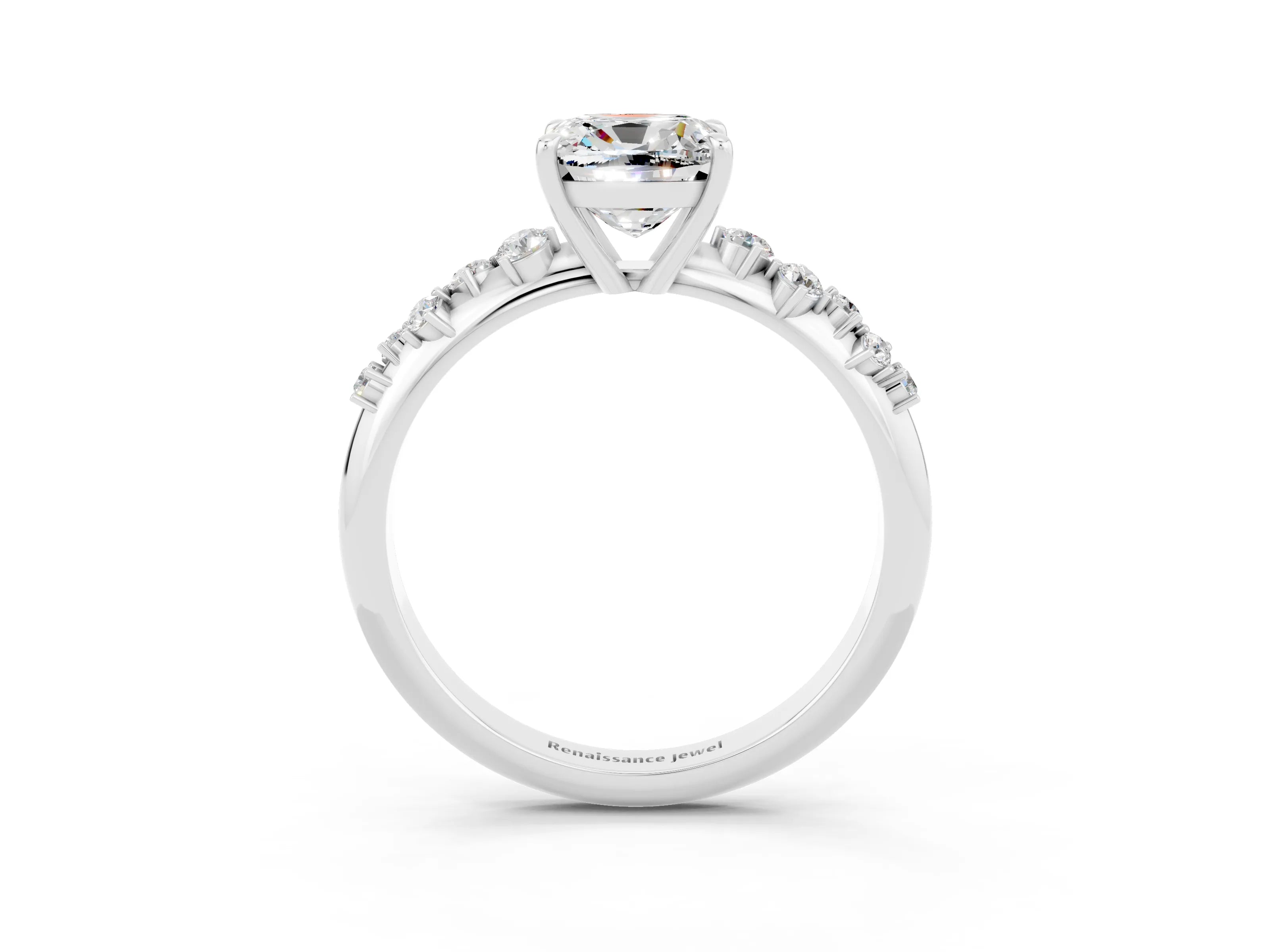 White gold Cushion Cut Moissanite Cluster Side Stone Solitaire Ring with Prong Setting_27