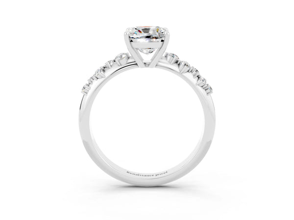 Silver Cushion Cut Moissanite Cluster Side Stone Solitaire Ring with Prong Setting