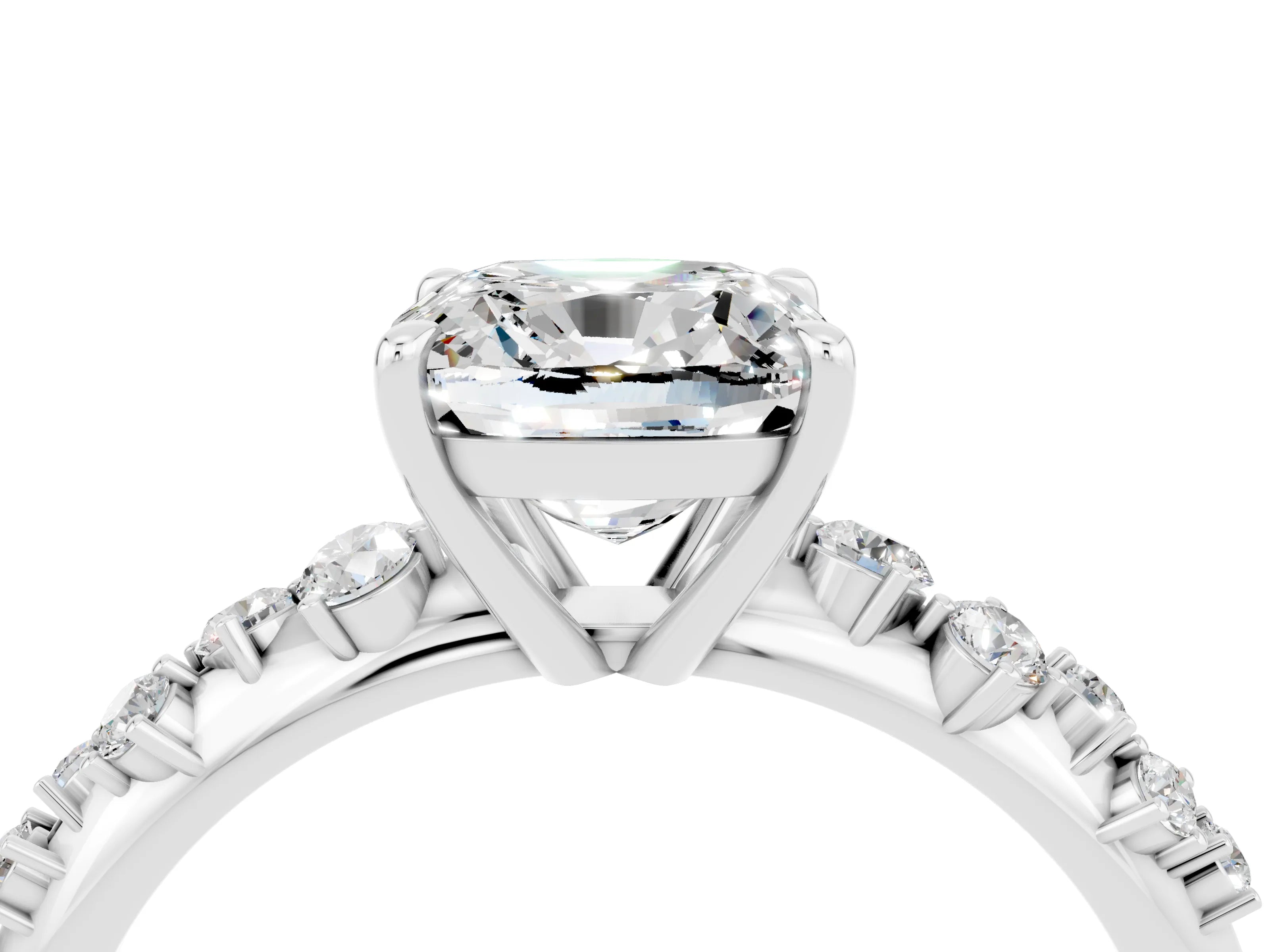 White gold Cushion Cut Moissanite Cluster Side Stone Solitaire Ring with Prong Setting_28