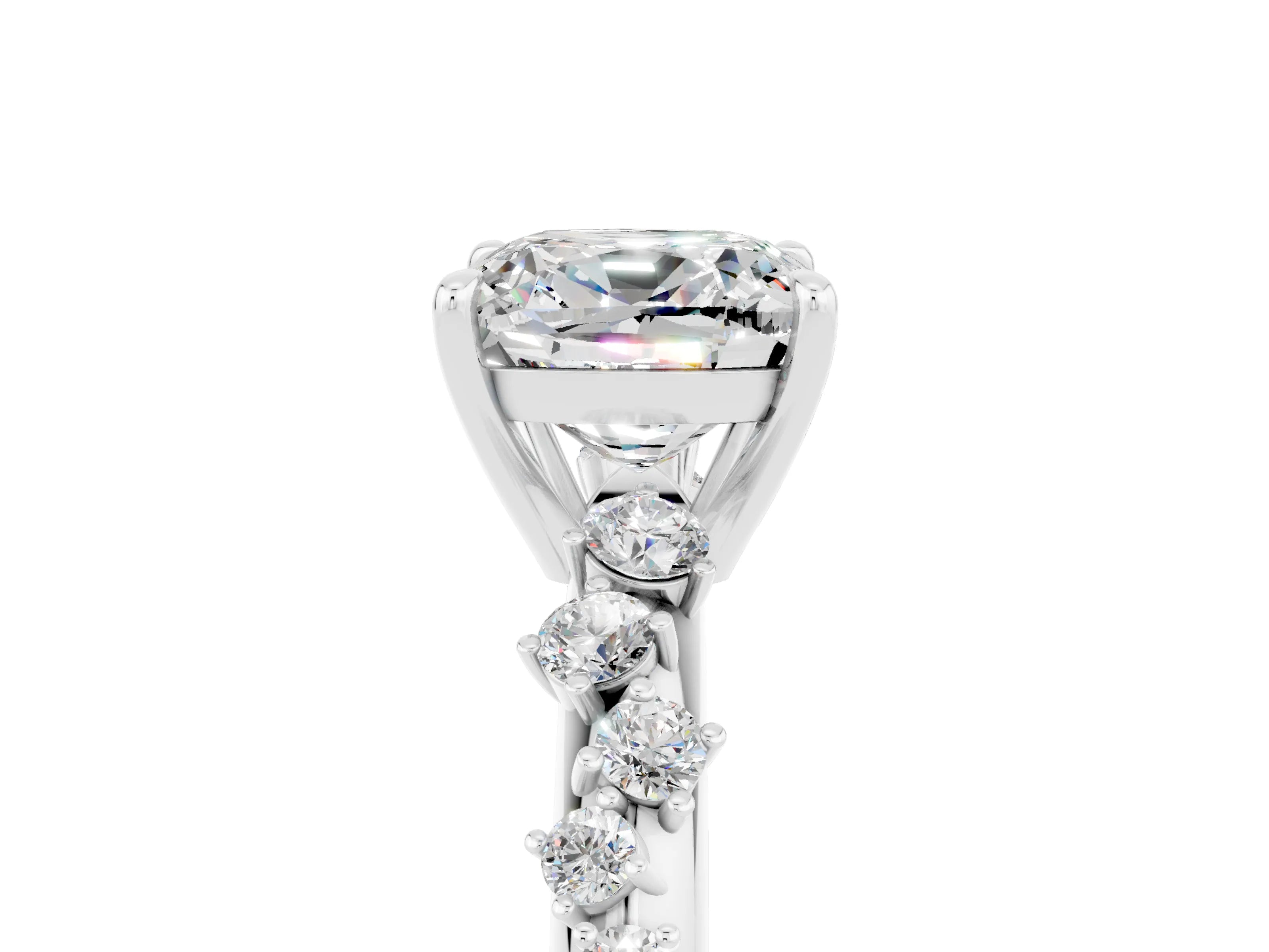 White gold Cushion Cut Moissanite Cluster Side Stone Solitaire Ring with Prong Setting_29